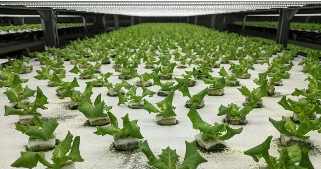 定植直後の植物工場 — LED照明下の苗の整列状態