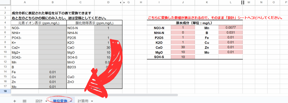 SimpleFert 単位変換シート — 成分分析表の単位を変換する